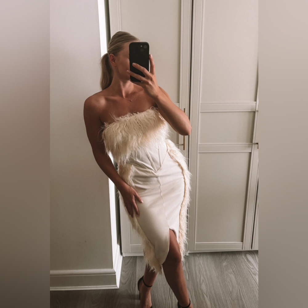 Asos Luxe Cream bandeau fluffy faux fur midi dress